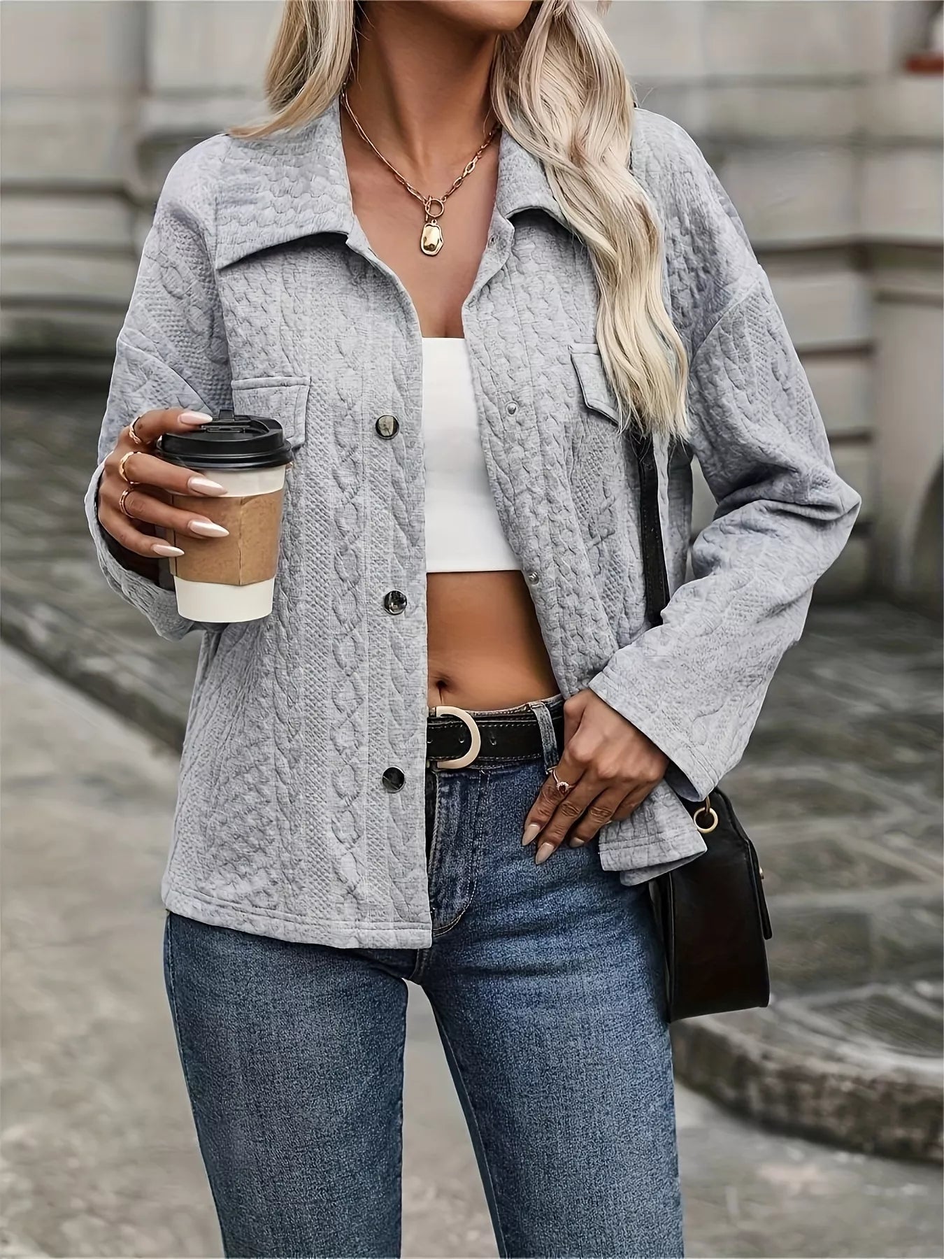 Sarah Express Women's Textured Cable Knit Button Up Cardigan Jacket with Pockets