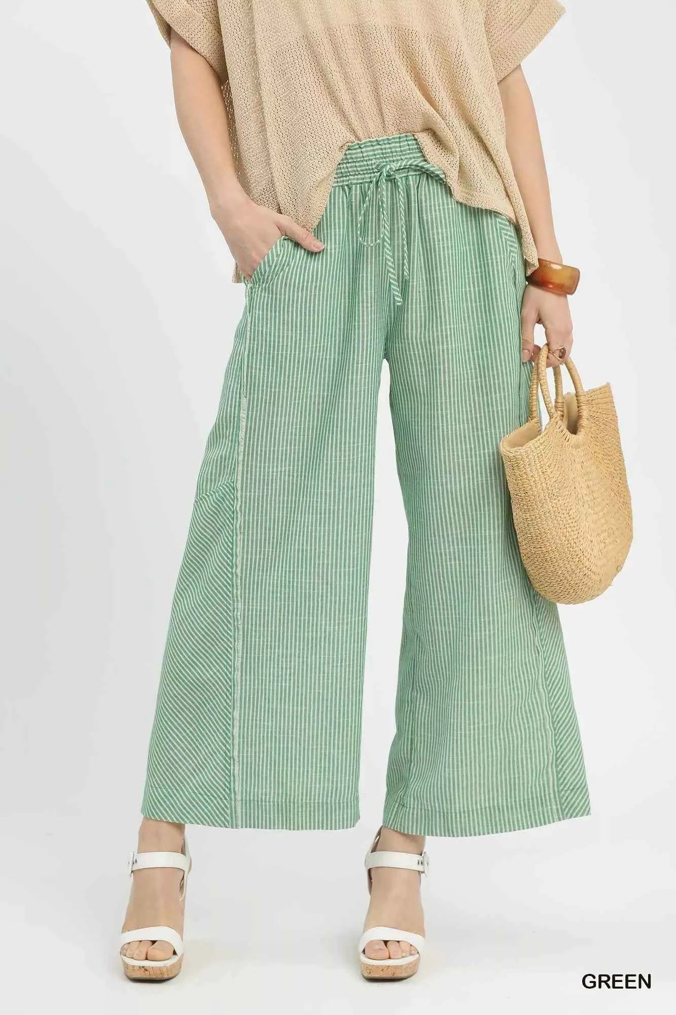 Sarah Express Women's Linen Blend Striped Wide Leg Pants - Drawstring Cropped Palazzo Pants GREEN