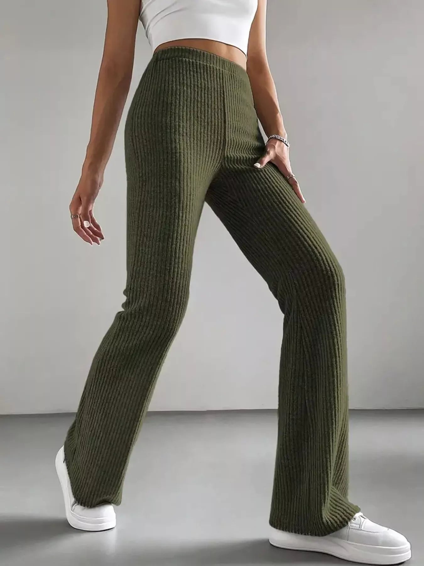 Sarah Express Women's High Waist Flare Pants - Ribbed Polyester Army Green