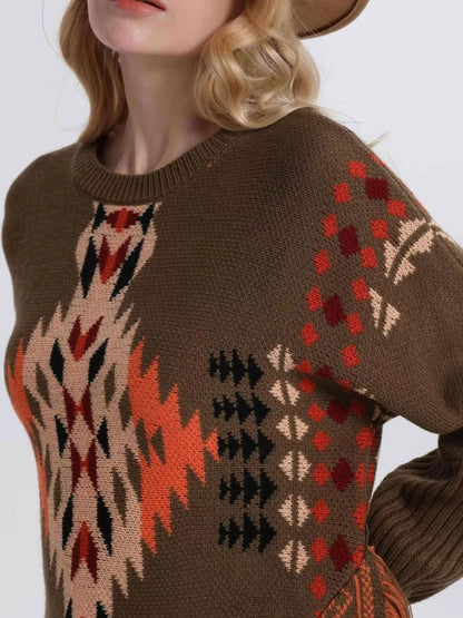 Sarah Express Women's Geometric Pattern Fringe Sweater - Boho Knit Pullover