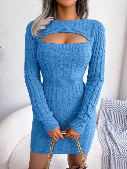 Sarah Express Women's Sexy Hollow Out Cable Knit Cinched Bodycon Sweater Dress Blue