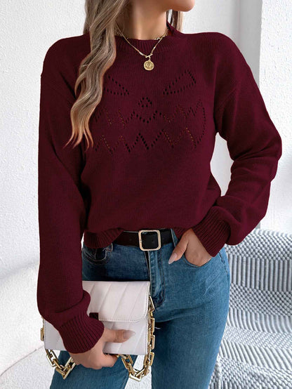 Sarah Express Women's Hollow Out Lantern Sleeve Pullover Sweater - Solid Color Knit Top Burgundy