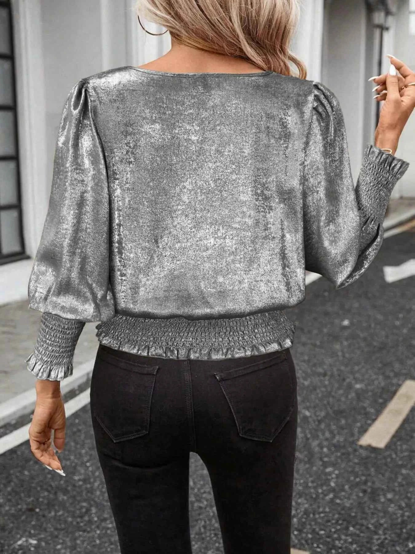 Sarah Express Women's Smocked Round Neck Long Sleeve Blouse