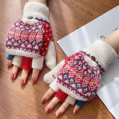 Sarah Express Women's Convertible Knit Gloves with Nordic Pattern - Fingerless Mittens Ivory One Size