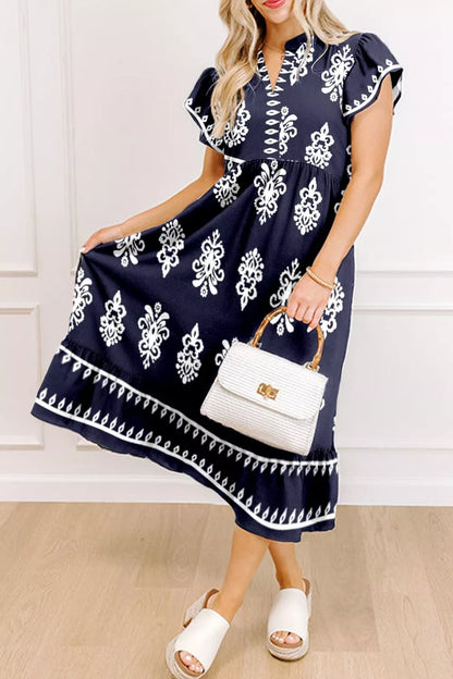 Sarah Express Women's Printed Notched Neckline Short Sleeve Dress