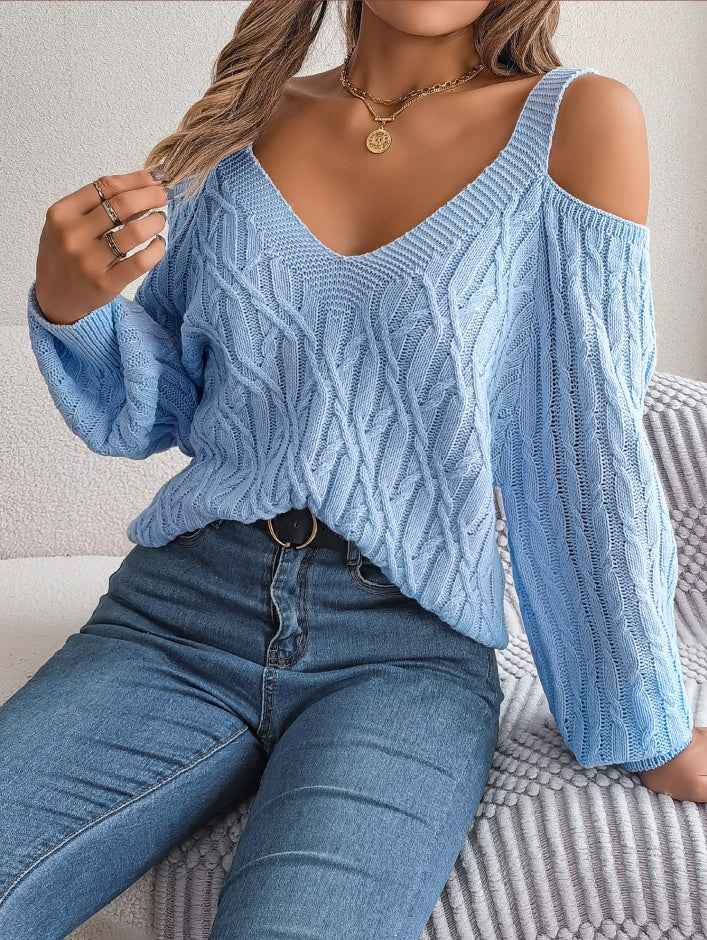 Sarah Express Women's Off-Shoulder Cable Knit Sweater - Casual Lantern Sleeve Pullover
