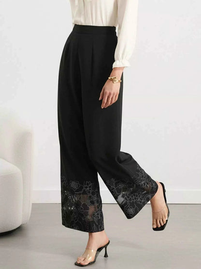 Sarah Express Women's Floral Lace Hem Wide Leg Pants