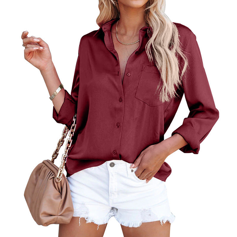 Sarah Express Women's Satin V-Neck Button Blouse Long Sleeve - Office Work Professional Business Classic Shirt