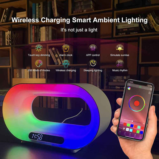 Sarah Express Multi-Function 3-in-1 LED Night Light with Wireless Charger & Alarm Clock - RGB Atmosphere Desk Lamp