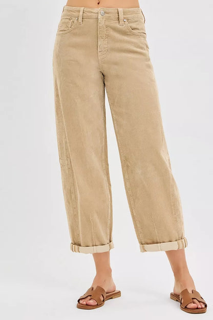 Sarah Express Women's High Rise Crop Barrel Corduroy Pants TAN