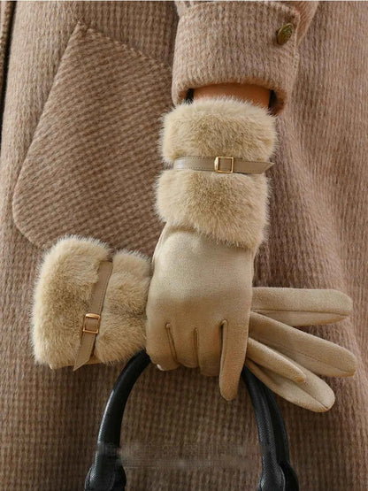 Sarah Express Women's Faux Fur Cuff Gloves - Cozy Winter Accessory Apricot ONESIZE