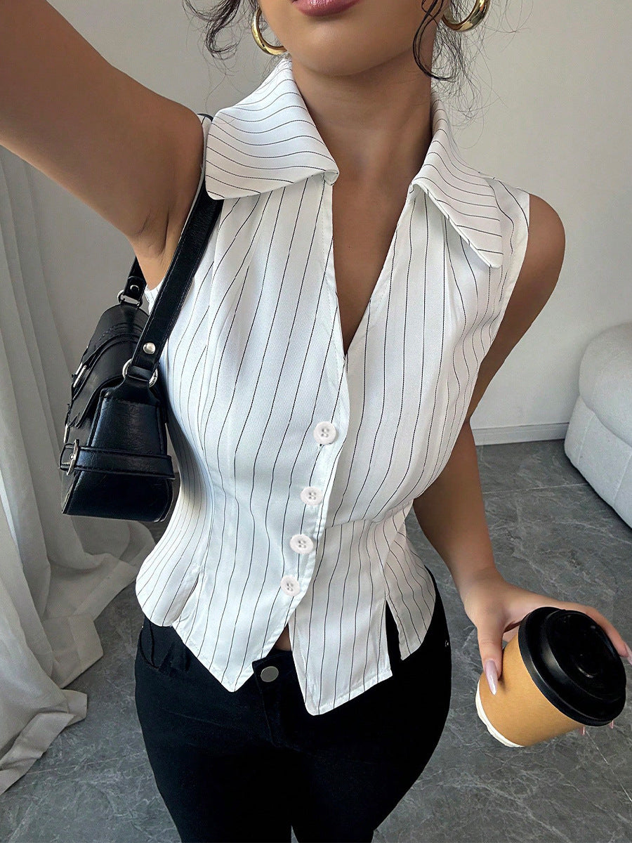 Sarah Express Striped Sleeveless Button-Down Blouse Slim Fit