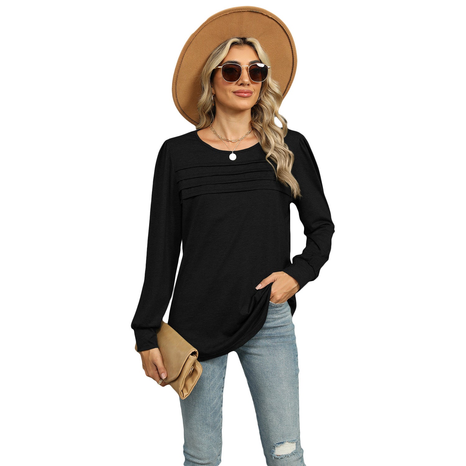 Sarah Express Solid Color U-Neck Pleated Long Sleeve Top for Women