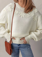 Sarah Express Women's Flower Detail Round Neck Puff Sleeve Sweater White