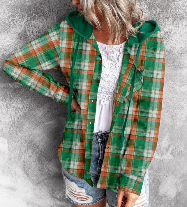 Sarah Express Women's Plaid Hooded Shirt Jacket Casual Loose Fit Pullover Top