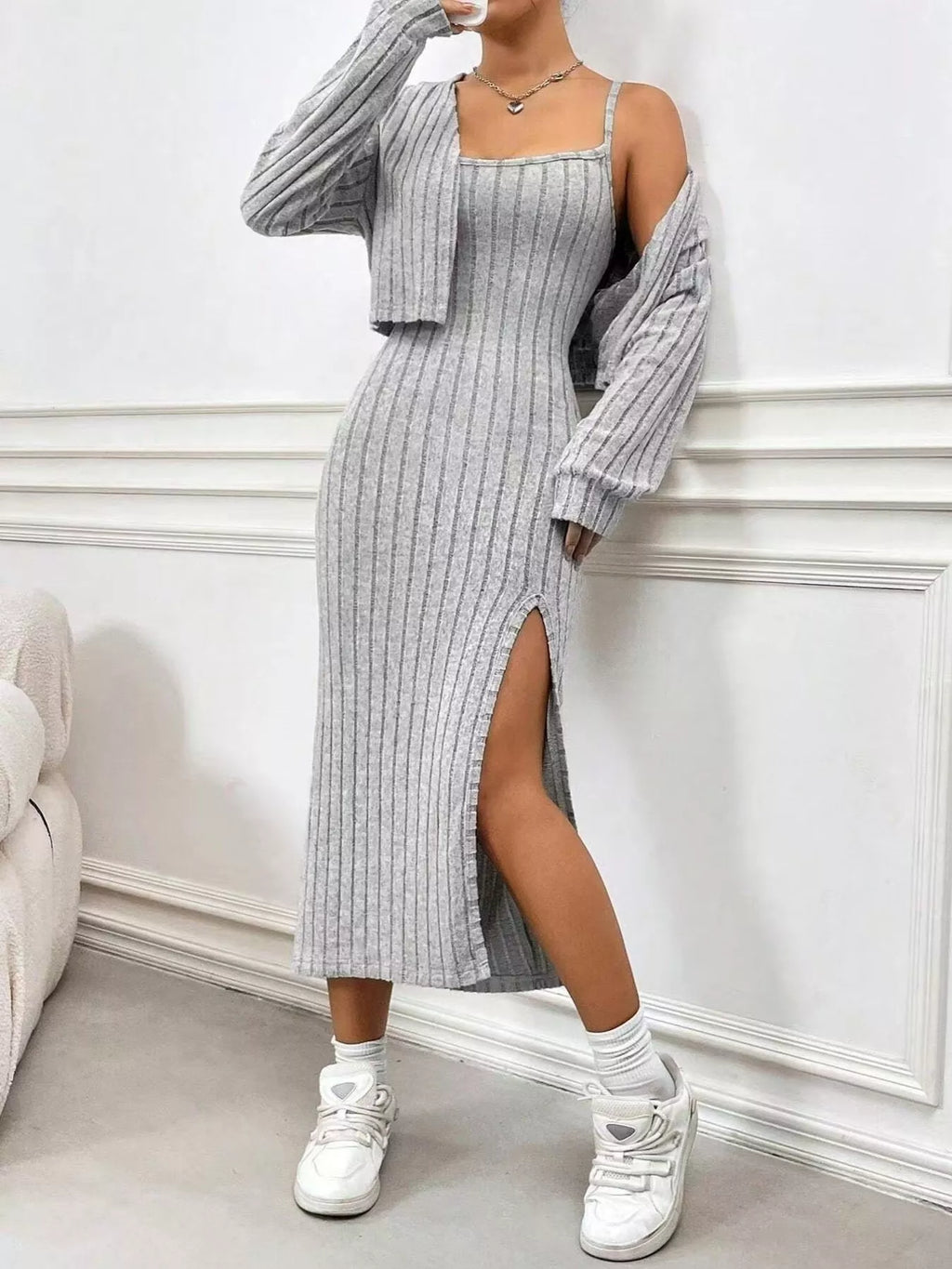 Sarah Express Women's Ribbed Knit Cami Dress & Cardigan Set - Two Piece Outfit