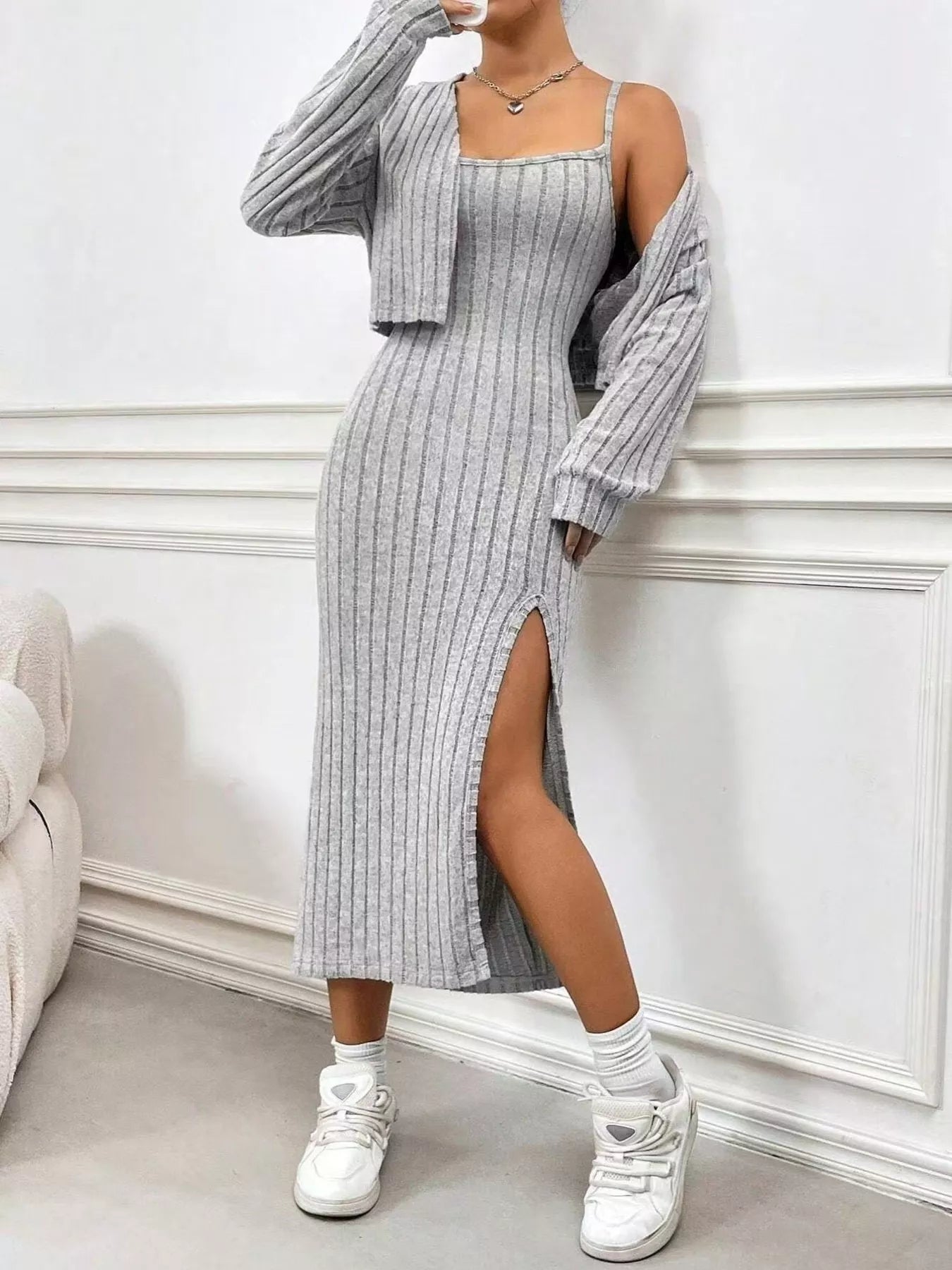 Sarah Express Women's Ribbed Knit Cami Dress & Cardigan Set - Two Piece Outfit