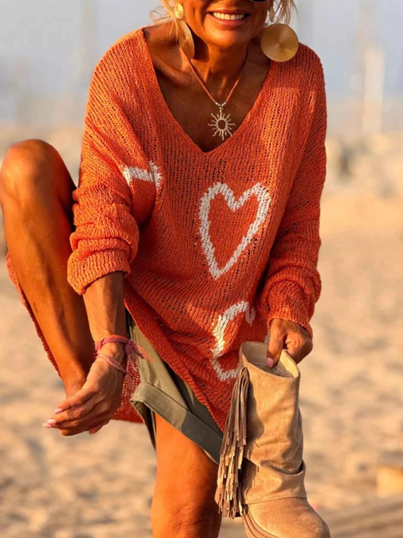 Sarah Express Women's Heart Pattern V-Neck Sweater Dropped Shoulder Openwork Knit