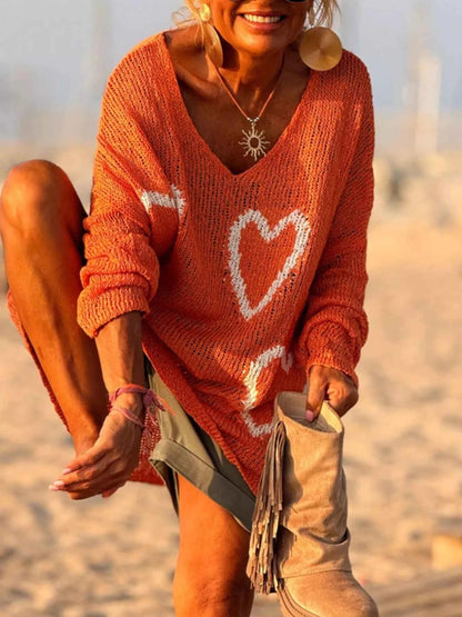 Sarah Express Women's Heart Pattern V-Neck Sweater Dropped Shoulder Openwork Knit