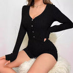 Sarah Express Women's Ribbed Knit Romper - Long Sleeve Slim Fit Jumpsuit Shorts