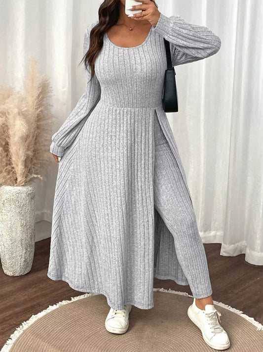Sarah Express Women's Plus Size Ribbed Knit Long Sleeve Split Dress & Leggings Set Light Gray