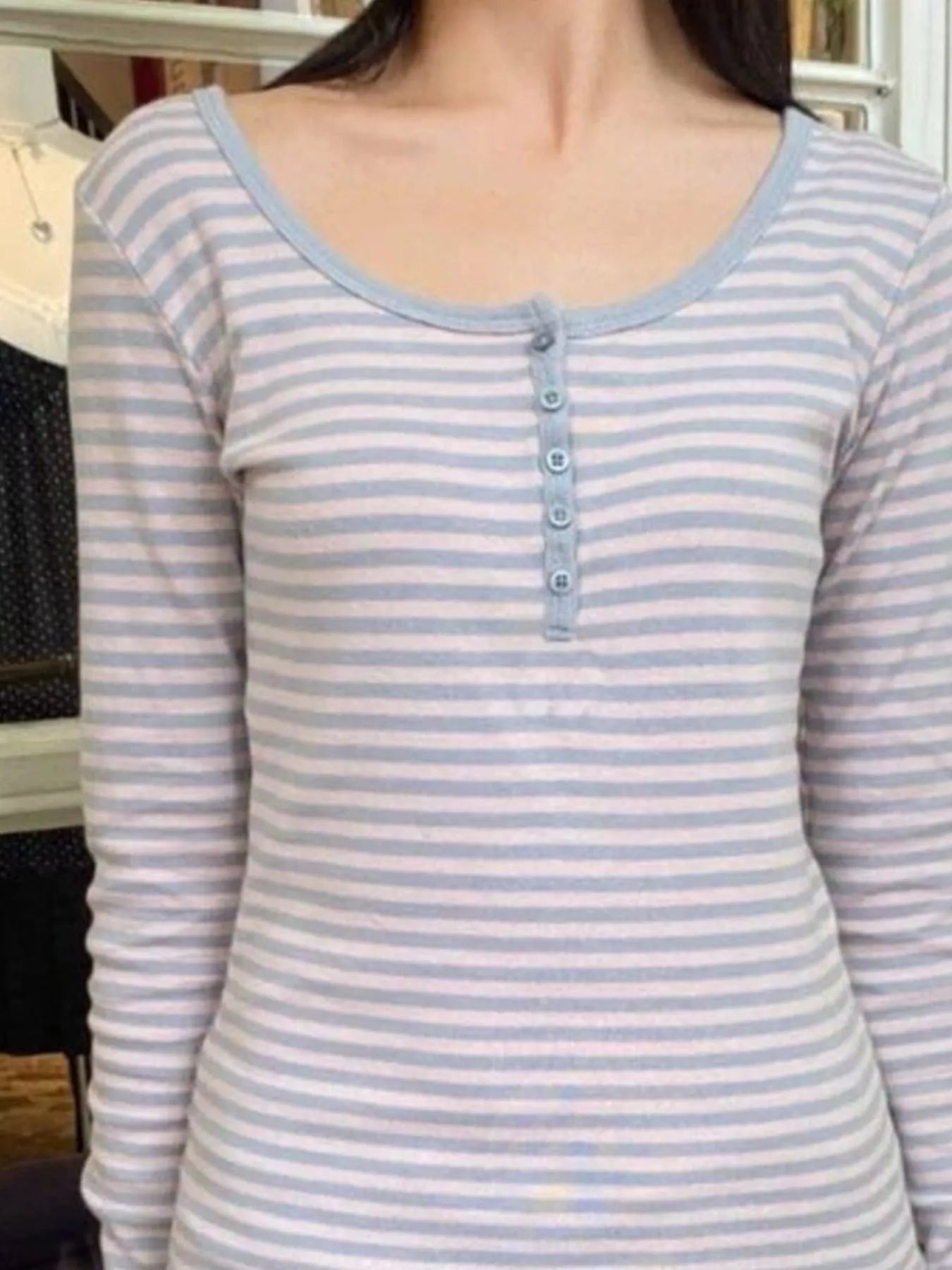 Sarah Express Women's Striped Long Sleeve Henley T-Shirt