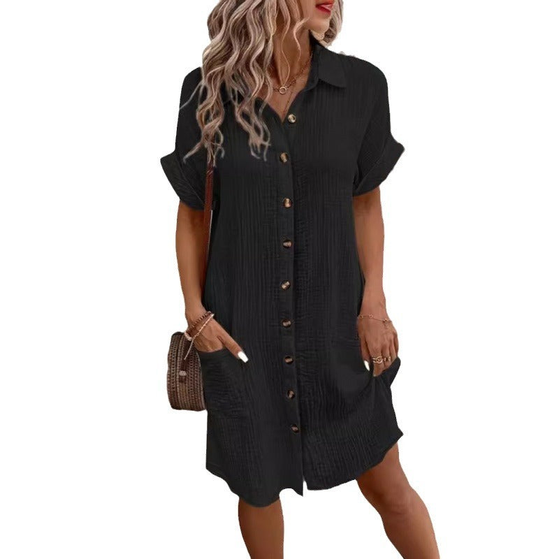Sarah Express V-Neck Button Front Shirt Dress - A-Line Short Sleeve Women's Dress