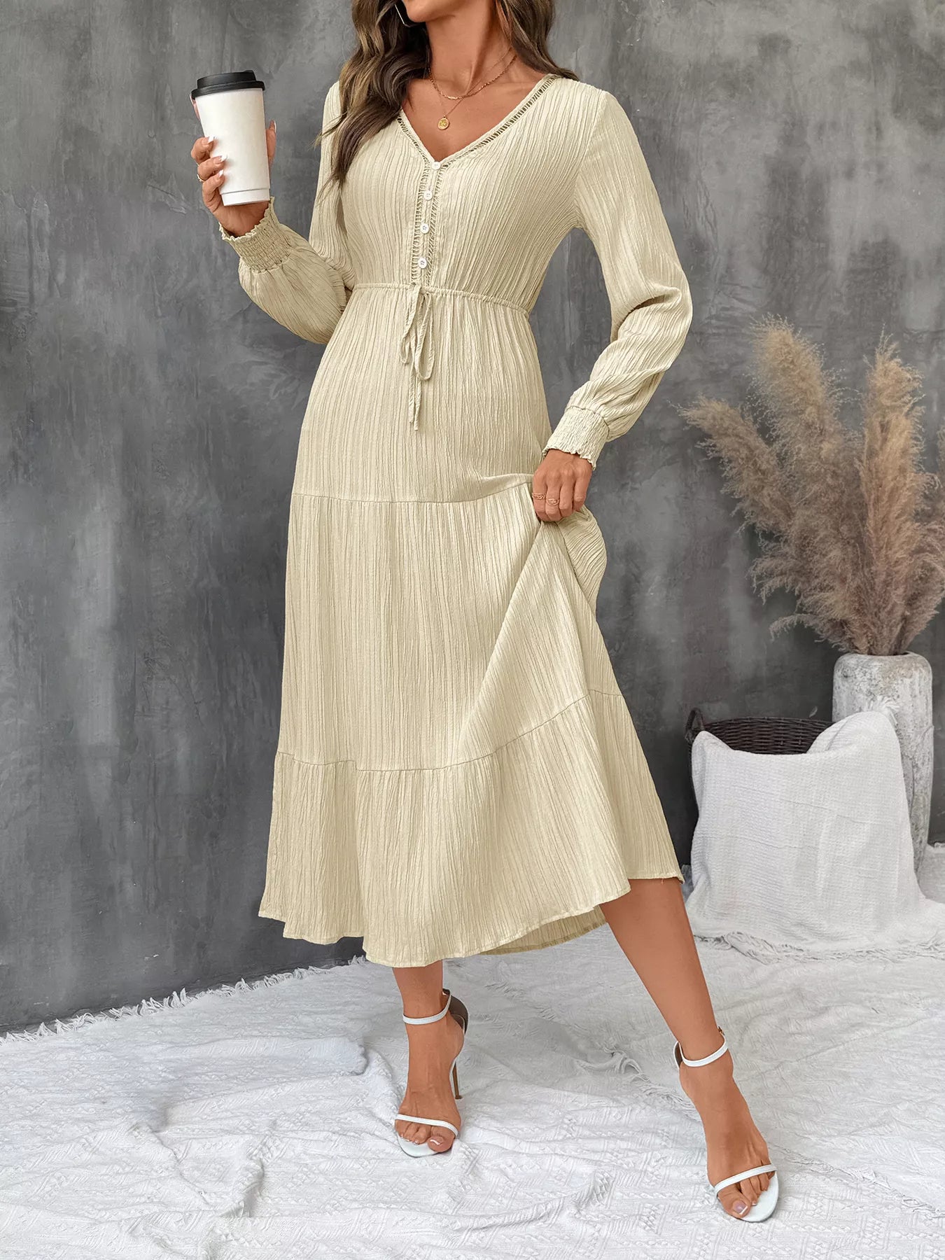 Sarah Express Women's Tiered V-Neck Long Sleeve Dress - Buttoned Midi Dress with Tie Detail