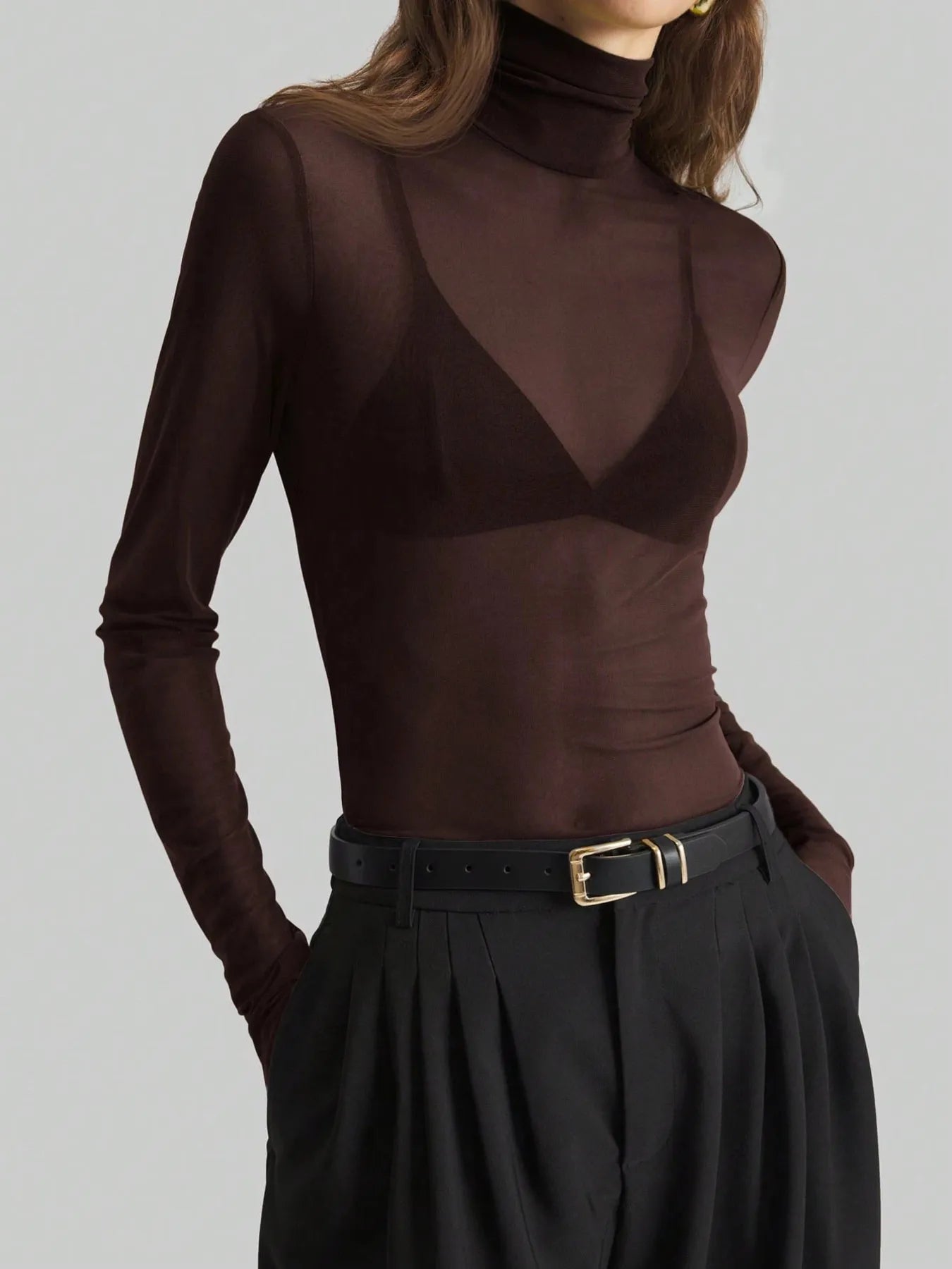 Sarah Express Women's Turtleneck Long Sleeve Top Dark Brown