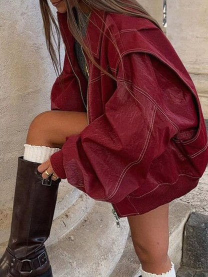 Sarah Express Women's Oversized Zip Up Jacket - Dropped Shoulder Casual Outerwear