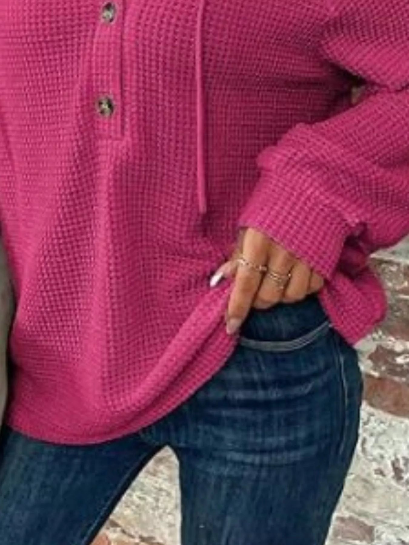 Sarah Express Women's Waffle Knit Button Detail Hoodie