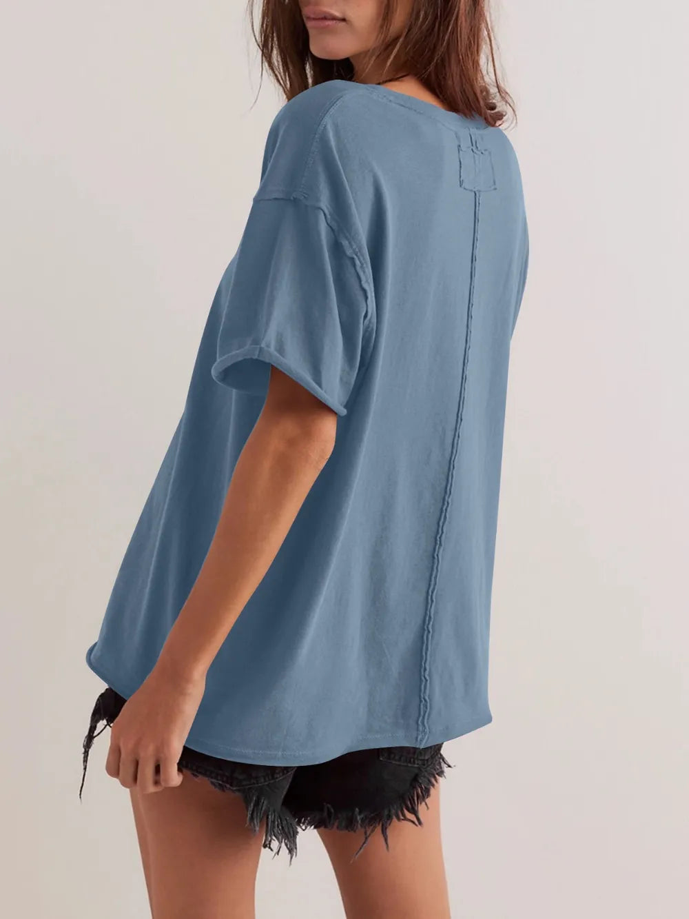 Sarah Express Women's Exposed Seam Round Neck Half Sleeve T-Shirt Dusty Blue