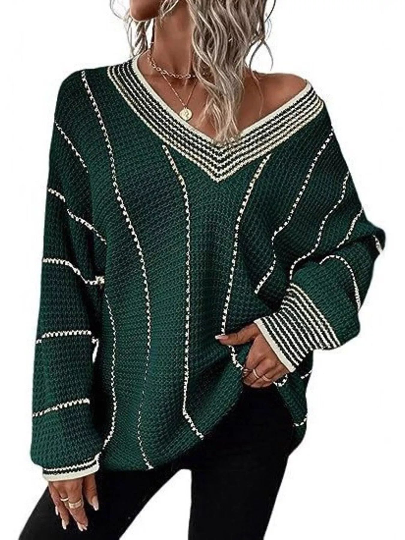 Sarah Express Women's V-Neck Textured Knit Sweater Plus Size Green