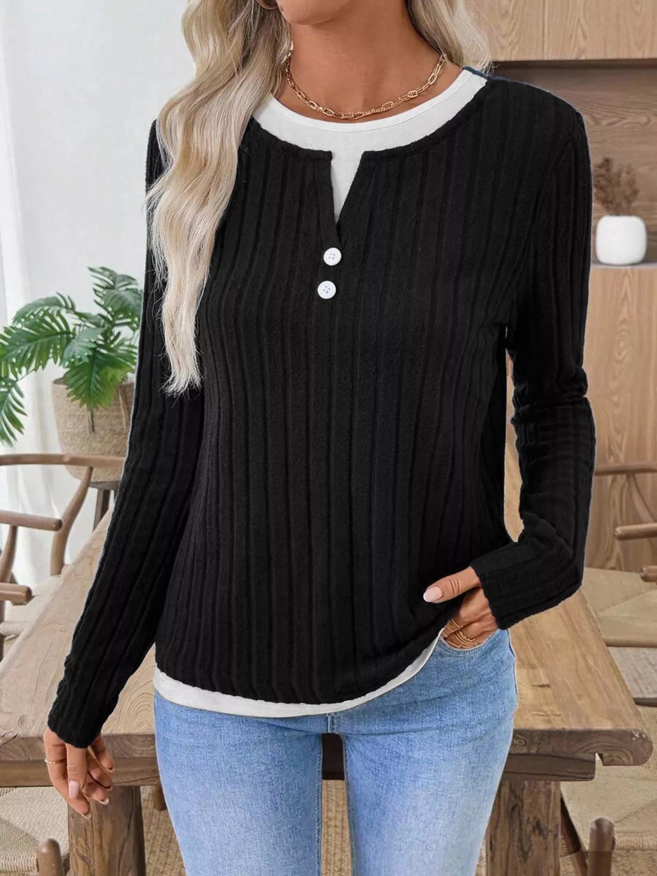 Sarah Express Women's Ribbed Knit Button Detail Contrast Sweater Black
