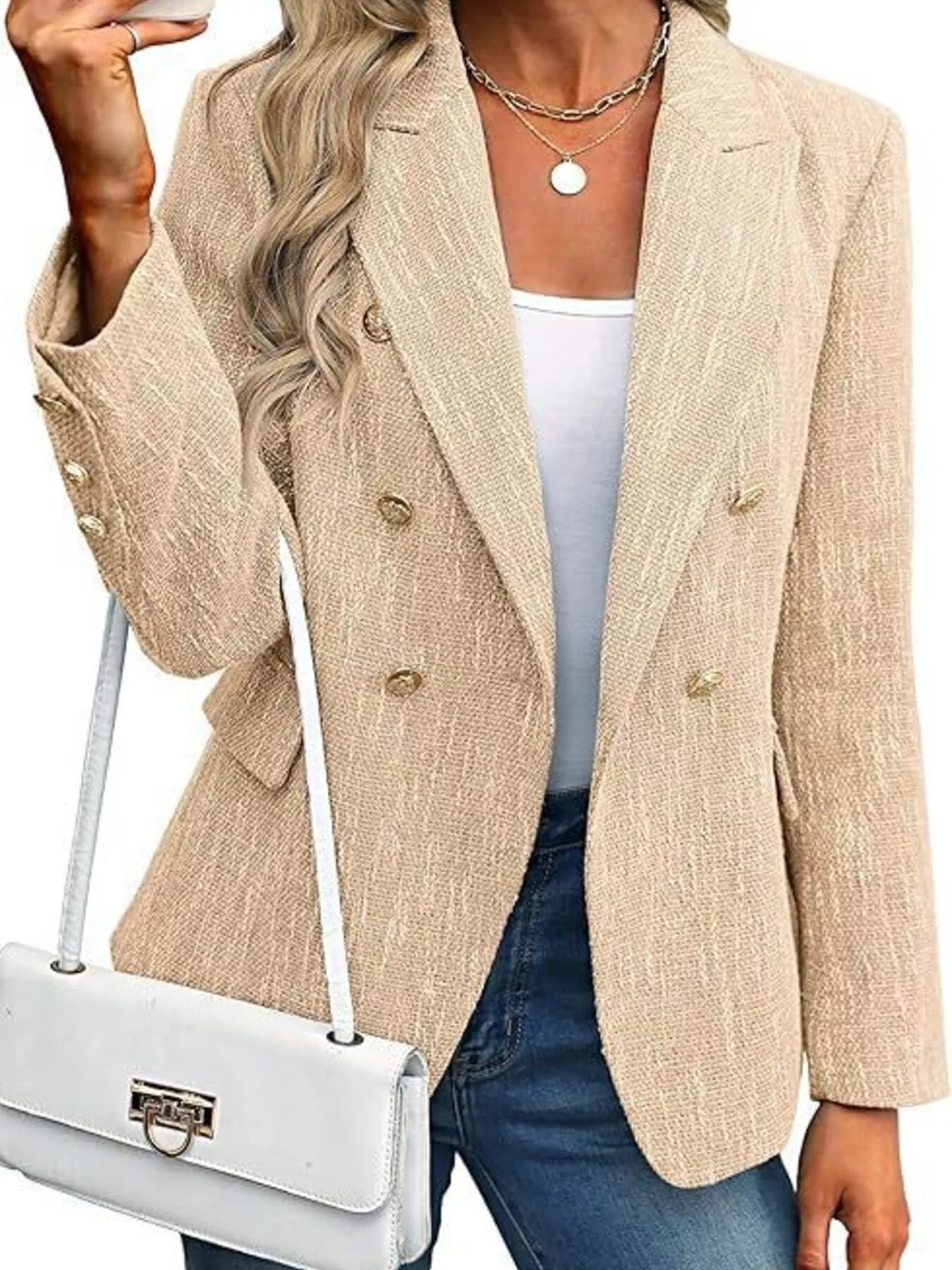 Sarah Express Women's Double-Breasted Lapel Collar Blazer Khaki
