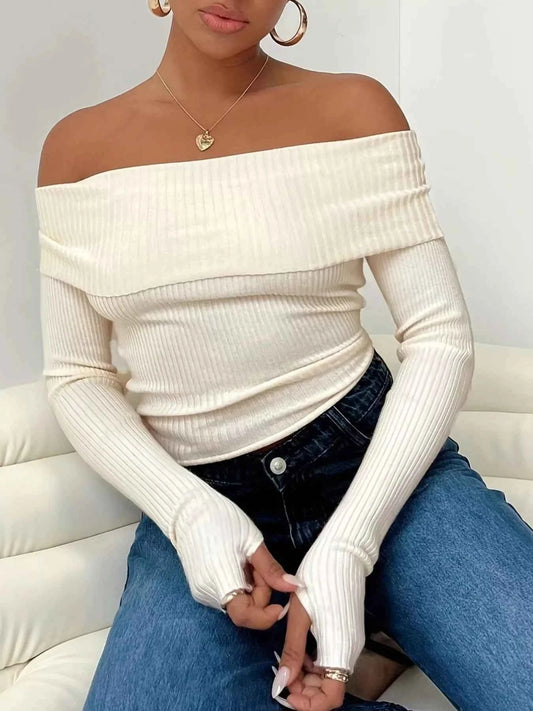 Sarah Express Women's Off-Shoulder Ribbed Knit Sweater - Trendy Stretch Pullover
