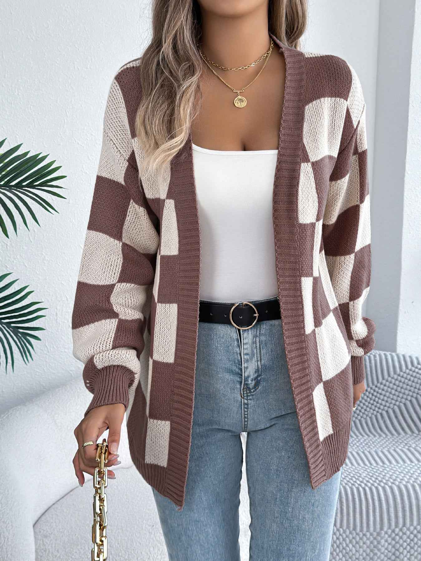 Sarah Express Women's Color Block Plaid Cardigan Sweater - Lantern Sleeve Mid-Length Knit Coat