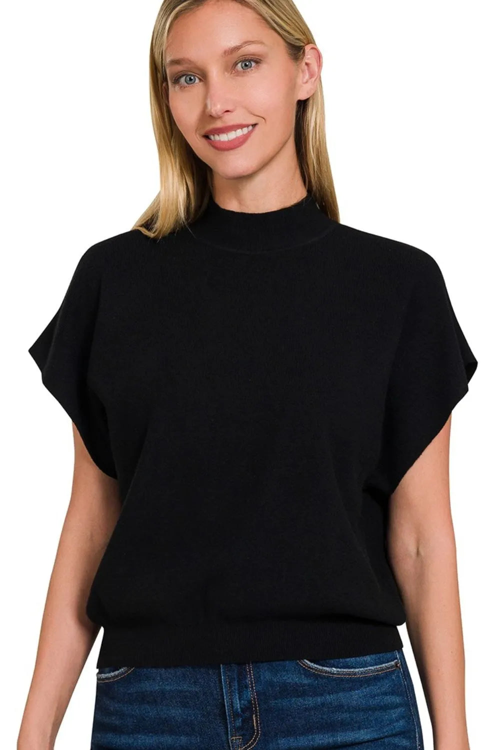 Sarah Express Women’s Ribbed Short Dolman Sleeve Mock Neck Sweater