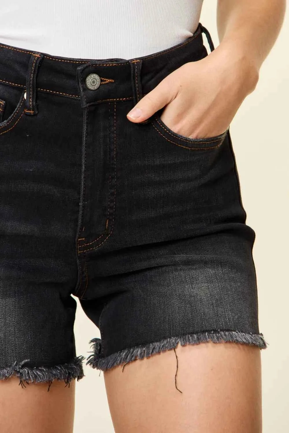 Sarah Express Women's High-Waisted Tummy Control Denim Shorts with Fray Hem | Judy Blue