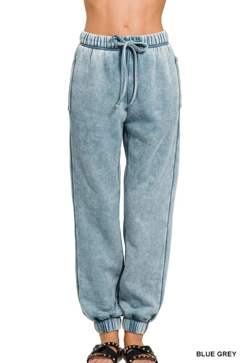 Sarah Express Women's Acid Wash Fleece Sweatpants with Pockets BLUE GREY