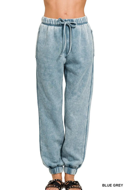 Sarah Express Women's Acid Wash Fleece Sweatpants with Pockets BLUE GREY