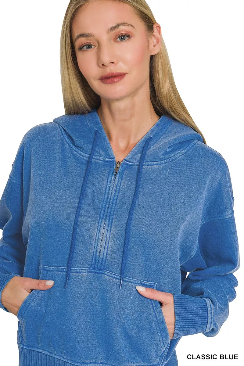 Sarah Express Women's Fleece Pigment Dye Half Zip Kangaroo Pocket Hoodie