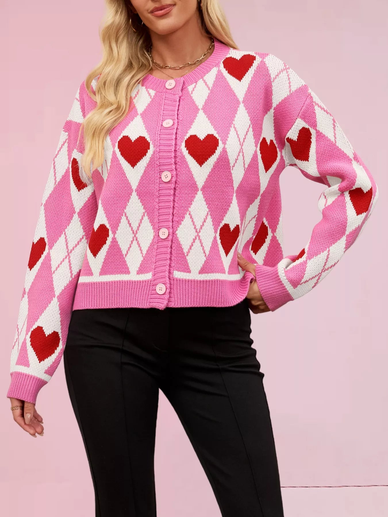 Sarah Express Women's Heart Pattern Button-Up Cardigan