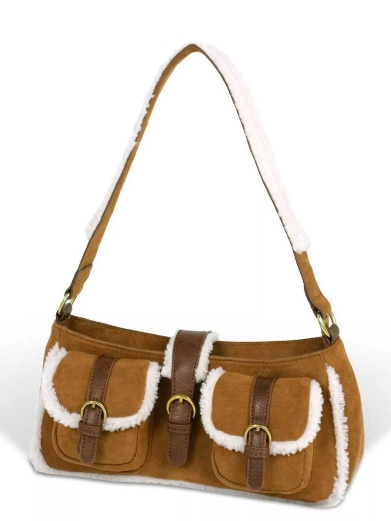 Sarah Express Women's Vintage Suede Shoulder Bag with Plush Trim Brown ONESIZE