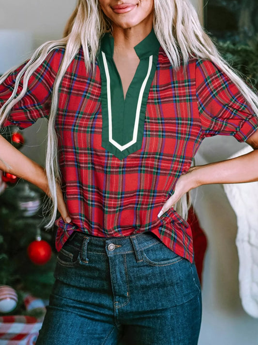 Sarah Express Women's Plaid Notched Collar Short Sleeve Blouse Burgundy