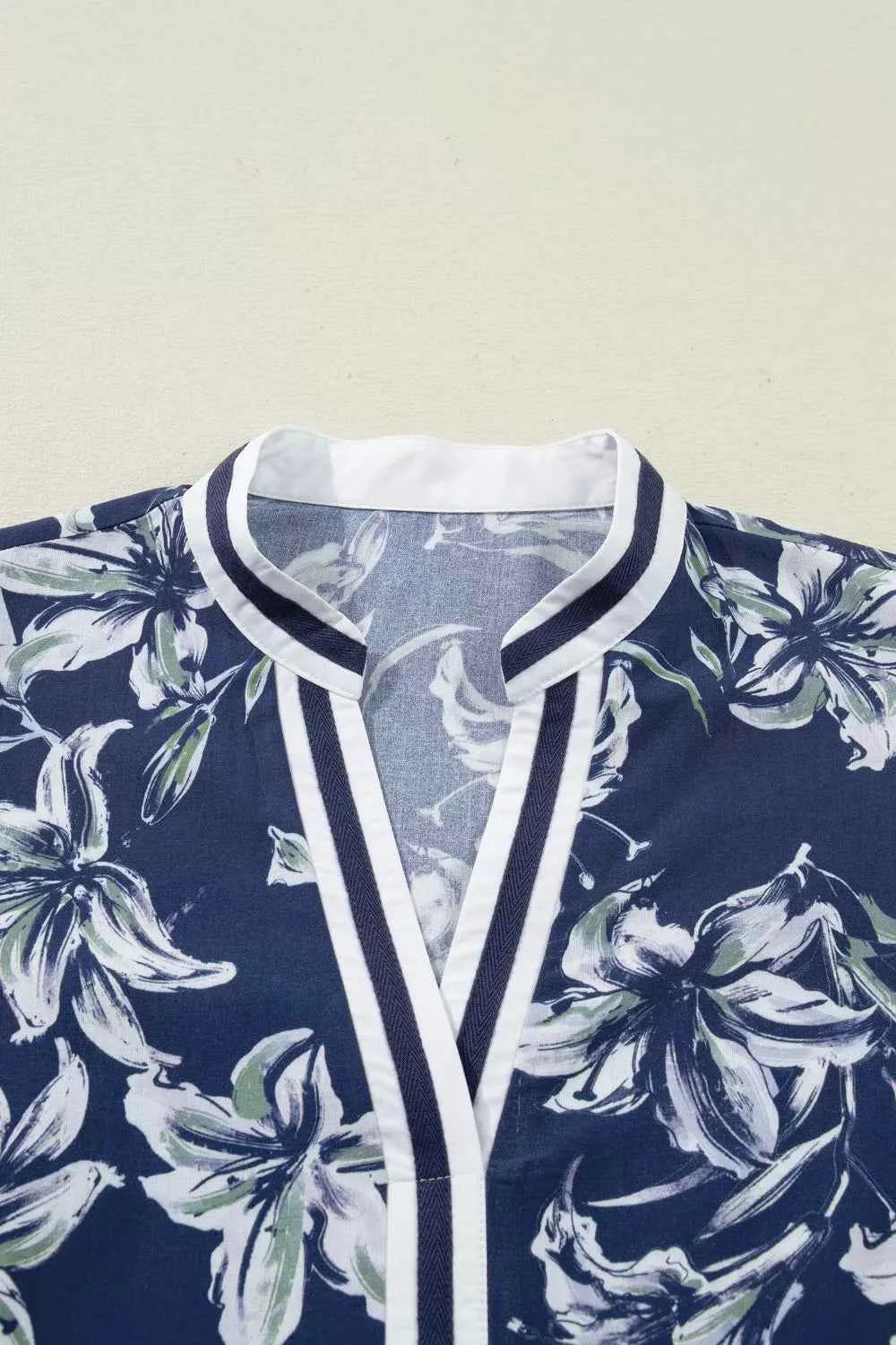 Sarah Express Women's Floral Print Puff Sleeve V-Neck Blouse with Striped Trim