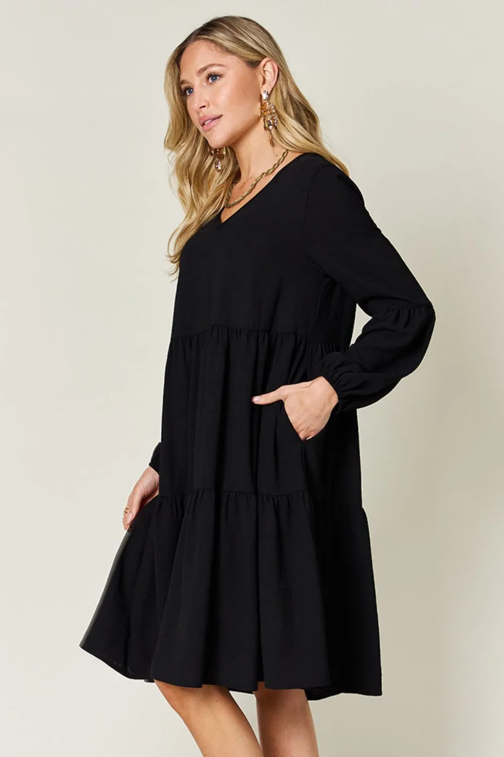 Sarah Express Women’s Plus Size V-Neck Balloon Sleeve Tiered Dress
