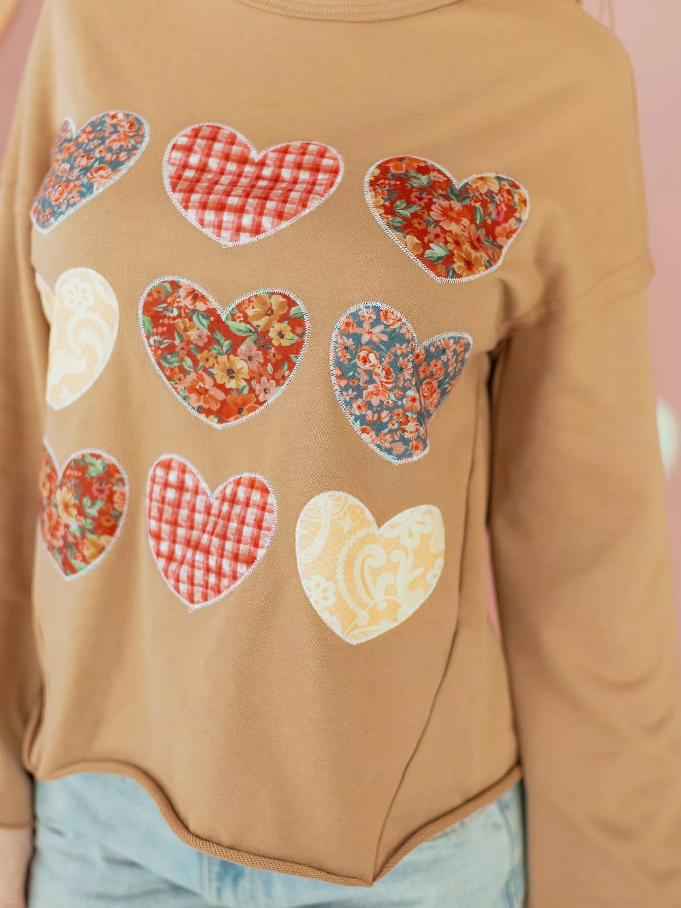 Sarah Express Women's Plaid Floral Heart Stitched Exposed Seam Mineral Wash Sweatshirt