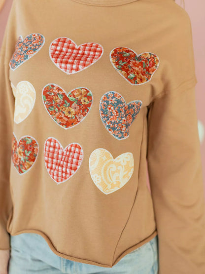 Sarah Express Women's Plaid Floral Heart Stitched Exposed Seam Mineral Wash Sweatshirt