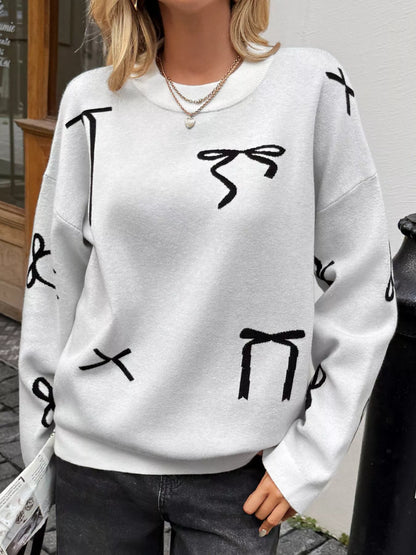 Sarah Express Women's Bow Round Neck Dropped Shoulder Sweater | Cozy Knit Top Gray white